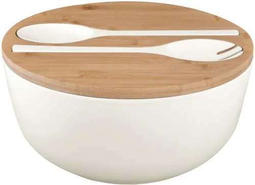 BRUNNER Camping Salatschüssel Greenkick mit Besteck - Salatschüssel aus Melamin mit 2-in-1 Bambusdeckel, der als Schneidebrett dient. BPA-frei, spülmaschinenfest und bruchsicher – ideal für Camping und Picknicks.