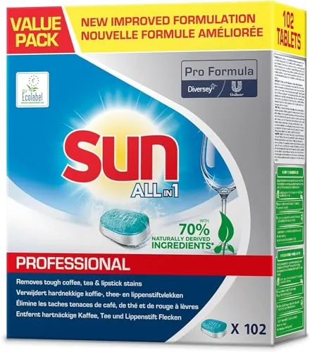 Sun Pro Formula All in 1 Spülmaschinentabs – 102 kraftvolle Tabs für strahlenden Glanz - Geschirrspülmittel mit 70 % natürlichen Inhaltsstoffen, entfernt hartnäckige Flecken und schützt Gläser – ideal für umweltbewusste Haushalte.