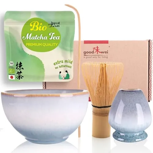 Goodwei BIO Matcha aus Japan im Matcha-Set komplett mit hochwertiger Matcha Schale aus Keramik, Matcha Besen und Besenhalter | Geschenkset für Teezeremonie (Moya)