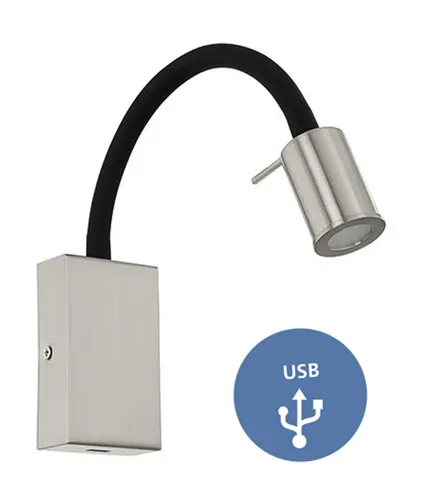 EGLO TAZZOLI Wandleuchte - Moderne LED Wandleuchte in nickel-matt und schwarz, mit flexiblem Leuchtenhals und integriertem USB-Anschluss zum Aufladen von Geräten. Ideal für Wohnzimmer, Schlafzimmer oder Esszimmer.