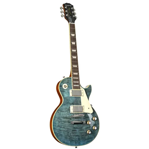 Epiphone Les Paul Standard 60s Quilt Top Translucent Blue E-Gitarre - Edle Solidbody-E-Gitarre mit Wölkchenahorn-Decke und Mahagonikorpus. Perfekt für präzises Spielgefühl und vielseitige Rock-Sounds dank Epiphone ProBucker Humbuckern. Inklusive hochwertigem Gigbag.