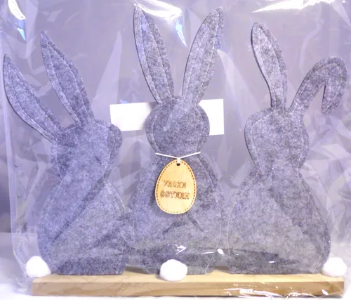 Ostern Oster-Deko Aufsteller Filz-Hasen Bommel grau Sockel MDF 35 x 31 cm NEU