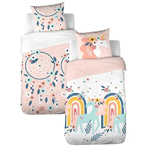 CÔTE DECO Wendebettwäsche für Kinder, Motiv: Einhorn, Rosa und Traumfänger: Bettbezug 140 x 200 cm + 1 Kissenbezug 63 x 63 cm, 100% weiche Baumwolle