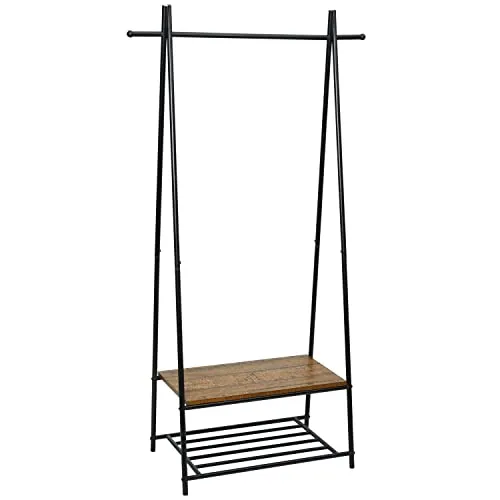 Mondeer Garderobenständer, Kleiderständer, Garderobe mit Schuhablage, Metallgestell, im Flur, Wohnzimmer und Veranda, Retro-Industrie Wäscheständer, 64cm x 41cm x 162cm, Retrobraun-schwarz