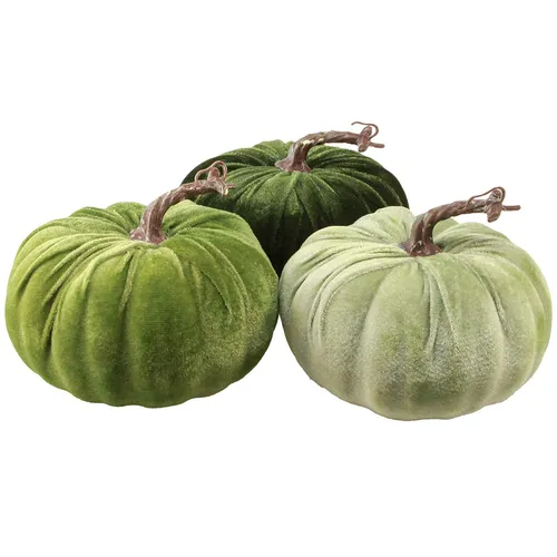 Herbstliche Deko Kürbisse Samt Optik Grün Ø18cm - Fensterdekoration im Landhausstil, ideal für die herbstliche Tischdeko, aus hochwertigem Kunststoff mit stilvoller Samtoptik.
