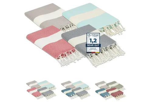 furora Holiday Strandtuch groß 100x200 cm – 4er Set aus Baumwolle - Entdecke unser vielseitiges 4er Set Strandtücher in Premium Qualität. Ideal für Strand, Sauna oder Picknick. Dünn und leicht, perfekt für unterwegs. Unterstütze traditionelle Handwerkskunst aus Tunesien!