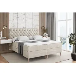 ALTDECOR Boxspringbett mit Holzfüßen und Stauraum – Beige - Das stilvolle Boxspringbett bietet viel Platz für Bettwäsche dank zwei Bettkästen. Die 20 cm hohe Matratze mit Bonellfederung sorgt für optimalen Schlafkomfort und ist für Allergiker geeignet.