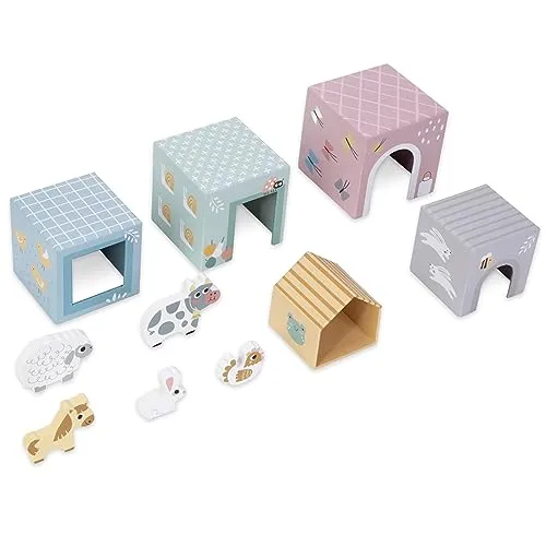 Mamabrum Sortierer mit Tierfarm, 5 Kartons, Holztiere, für Kinder ab 12 Monaten, Häuser für Tiere, erleichtert das Zählenlernen stapelturm mit Tieren stapelturm