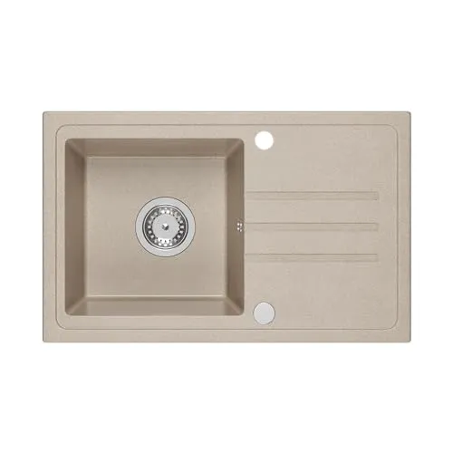 VBChome Spülbecken Granit Beige 70 x 44 cm Einzelbecken Einbauspüle Gesprenkelt Reversibel Granitspüle Siphon Waschbecken