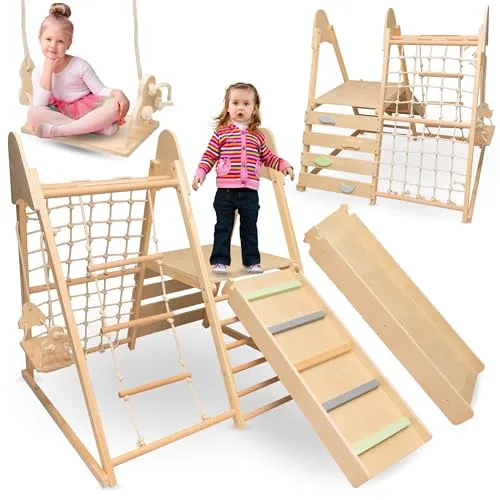 Mamabrum 5-in-1 Holzspielplatz für Kinder - Schaukeln und mehr – der Mamabrum 5-in-1 Holzspielplatz fördert spielerisch die motorischen Fähigkeiten Ihres Kindes mit Rutsche, Kletterwand und mehr. Hochwertiges Buchen- und Birkenholz sorgt für Sicherheit und Langlebigkeit.
