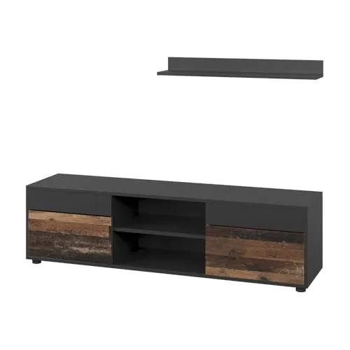 Vicco Wohnwand Berno, Schwarz/Oldstyle, 2-teilig - Praktische Wohnwand für Ihr Wohnzimmer mit modernem Design. Das Set bietet viel Stauraum für Ihre TV-Geräte und überzeugt durch pflegeleichte Materialien. Stil und Funktionalität in einem!