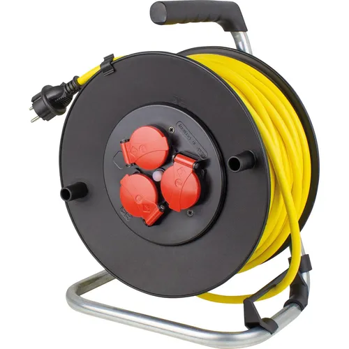 AS Schwabe Kunststoff-Kabeltrommel mit 3 Dosen, IP44, Gelb - Kabeltrommel für Baustellen, spritzwassergeschützt IP44, robustes Design aus hochbruchfestem Kunststoff, ideal für den Außeneinsatz, mit ergonomischem Haltegriff und Sicherheitssteckdosen.