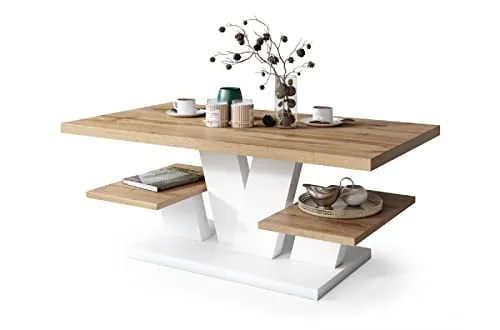All4All Couchtisch Valerio - Wohnzimmertisch - Kaffeetisch – Tisch mit Ablagen - Esszimmertisch - Coffee Table - 110x60cm - 05 - Wotan + Weiß