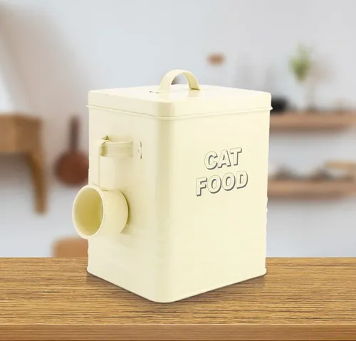 Dekorative Dose für Katzenfutter - Vorratsdose für Katzenfutter, stilvolles cremefarbenes Design mit hoher Verschlussdichte für frisches Futter und inklusive Dosierlöffel für die perfekte Futtermenge.