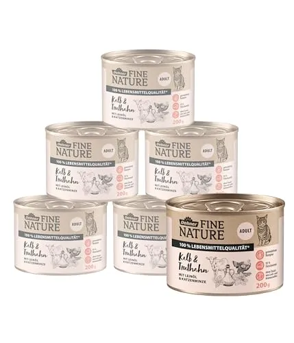 Dehner Fine Nature Katzenfutter, Nassfutter getreidefrei, für ausgewachsene Katzen, Kalb / Truthahn, 6 x 200 g Dose (1.2 kg)