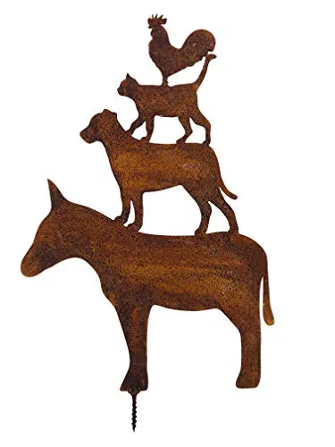 ecosoul Gartendeko Bremer Stadtmusikanten Tierpyramide mit Dorn zum Schrauben Esel Hund Katze Hahn Baumtiere Metall Rost Deko