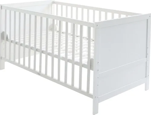 roba Kombi Kinderbett 70 x 140 - Umbaubar zum Juniorbett - Nachhaltiges Gitterbett aus weißem Holz, 3-fach höhenverstellbar und mit Schlupfsprossen, ideal für eine lange Nutzung bis ca. 7 Jahre.
