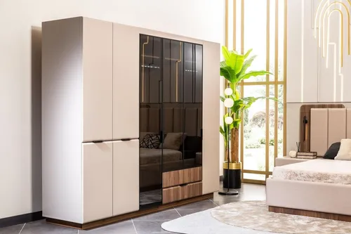 Kleiderschrank Holzschrank Beige - Moderner Schlafzimmerschrank mit Glastüren - Eleganter freistehender Kleiderschrank in Beige mit 6 Türen und 2 Schubladen. Bietet viel Stauraum und modernes Design für Ihr Schlafzimmer. Maße: 272 x 65 x 225 cm.