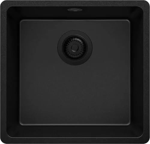 PRIMAGRAN Unterbauspüle Granit Alles Schwarz 46x44cm, Spülbecken 1 Becken + Ablauf-Set, Granitspüle ab 50er Unterschrank - Venedig Easy S007