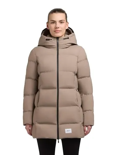 khujo Damen Lange Pufferjacke Winter Steppmantel mit Kapuze Tanare4 Greige Gr. L