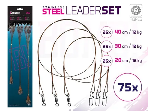 Delphin.sk Vorfachschnur 75x Stahlvorfach Set 7x7 BOMB! - Hochwertiges Raubfischvorfach-Set mit 7x7 geflochtenem Stahl. Ideal für Barsch, Zander und Hecht. Hohe Tragkraft von 15 kg, ausgestattet mit Wirbel und Karabiner für zuverlässigen Einsatz beim Angeln.