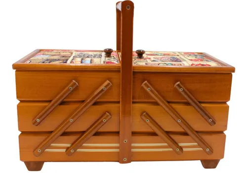 Dekohelden24 Hochwertiger Nähkasten aus Furnierholz - Nähkörbe mit 7 Fächern, edlem Mahagoni-Design und perfekter Handwerkskunst für stilvolle Organisation Ihrer Nähutensilien.