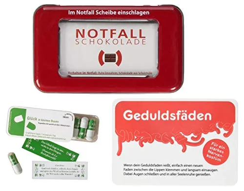 Notfallschokolade Geschenk-Set von Liebeskummerpillen - 3er Set mit Notfallschokolade, Fruchtgummi Geduldsfäden und Glück in Kapseln. Ideal für Geschenke zu jedem Anlass und zur Unterstützung von Behindertenwerkstätten.