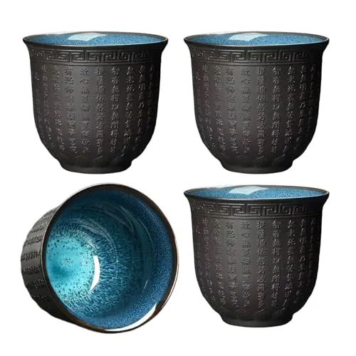KOPYFANTAP Japanische Teetasse 4er Set, Chinesische Keramik Becher Ohne Henkel, Buddhistische Herz-Sutra-Muster Kleine Tasse,160ML,Spülmaschinenfest