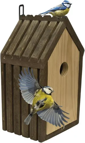 Modo24 Vogelhaus Meisen Nistkasten aus FSC® Holz mit 2,8 cm Einflugloch und mit Heu, Brutkasten mit Reinigungsklappe, Futterhaken für Garten, 26×15×12 cm