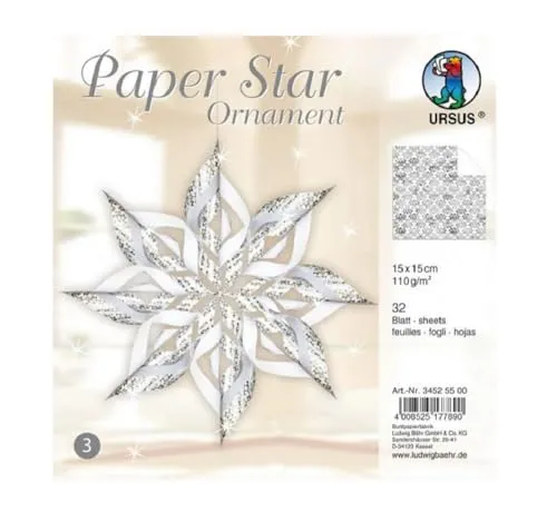 Ursus 34525500 - Paper Star Ornament 3, silber, 32 Blatt, ca. 15 x 15cm, 110 g/qm, vorgestanztes, hochwertiges Bastelpapier mit edlem Perleffekt, folienveredelt, einseitig bedruckt