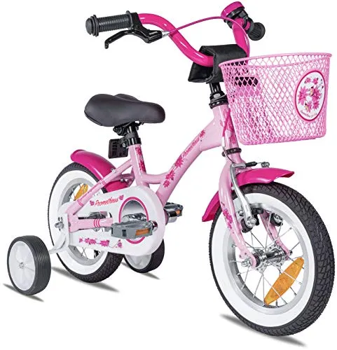 PROMETHEUS Kinderfahrrad 12 Zoll Mädchen in Rosa Lila & Weiß - Kinderfahrrad ab 3 Jahren mit sicherem Rücktritt- und Seitenzugbremssystem. Leicht und stabil, ideal für kleine Einsteiger mit abnehmbaren Stützrädern.