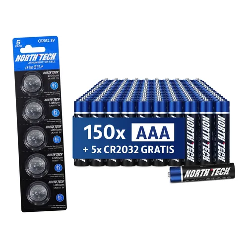 North Tech AAA Ultra Alkaline 150x | 1,5V Micro LR03 | 5x CR2032 gratis | 10J