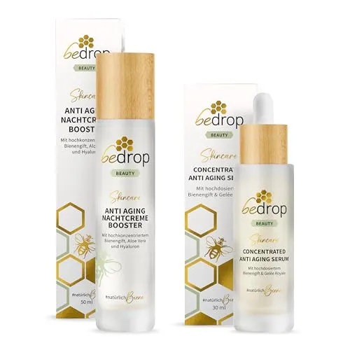 bedrop Hautpflege-Set Anti-Aging, CONCENTRATED Serum & Nachtcreme Booster - Hautpflegeset mit straffendem Serum und regenerierendem Nachtcreme Booster, angereichert mit Bienengift für einen nachhaltigen Anti-Aging-Effekt und intensive Feuchtigkeit über Nacht.