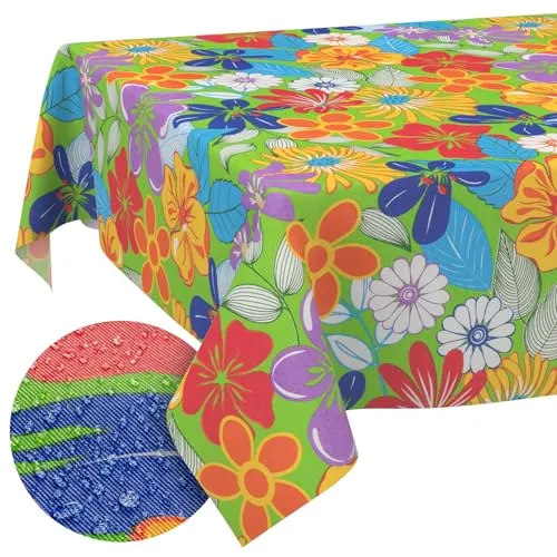 Tischdecke aus Stoff Textil abwaschbar Tischwäsche Tischtuch Baumwolle Polyester Colourful Flowers 120x140cm In-/Outdoor Tischdecke