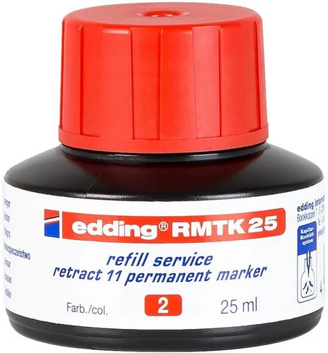 edding RMTK 25 Nachfülltinte für Permanentmarker - Füllfederhalter Nachfülltinte für edding Permanentmarker, geruchsarm und lichtbeständig. Ideal zum schnellen Nachfüllen, damit Ihr Marker im Handumdrehen wieder einsatzbereit ist. Inhalt: 25 ml, Farbe: rot.