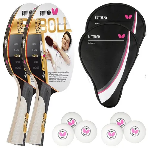 Timo Boll Gold 85020 Tischtennisschläger Set - Tischtennisschläger Set mit 2 Schlägern, 2 Schlägerhüllen und 6 hochwertigen 40+ 3*** Bällen. Ideal für Allround-Spieler und perfekt für Freizeit und Training.