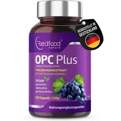 Redfood OPC französischer Traubenextrakt Kapseln mit Vitamin C, 250 St. - Pflanzenextrakte mit 95% Polyphenolen und 43% natürlichem Vitamin C, unterstützt die Gesundheit und das Immunsystem, glutenfrei und vegan.