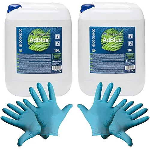 baytronic 2X AGROLA AdBlue 10 L inkl. Füllschlauch & Handschuhe - Dieselkraftstoffadditive: Hochreines AdBlue für SCR-Dieselmotoren, inklusive 2 Paar Einweg Nitril-Handschuhe für optimale Handhabung.