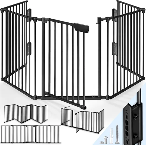 KIDUKU Ofenschutzgitter Kaminschutzgitter schwarz - 5-teiliges Absperrgitter aus pulverbeschichtetem Metall, mit Türverriegelung und 360° drehbaren Winkeln, ideal zum Schutz von Babys vor Kaminen und gefährlichen Bereichen.
