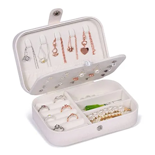 JOYUE Schmuckkästchen Reise PU-Leder Schmuckbox Tragbar Schmuck Aufbewahrungsbox für Ringe Ohrringe Halskette, 16,5 x 11,5 x 5,5 cm (Weiß)
