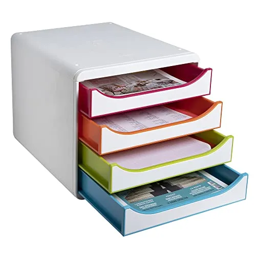 Exacompta BIG-BOX Schubladenbox 310913D - Briefkörbe mit 4 offenen Laden, stilvolles Design in Schwarz/Harlekin, ideal für die organisierte Aufbewahrung im Büro.