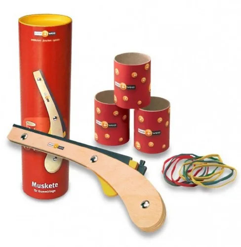 Naseweiss Experimentierkasten Muskete für Gummiringe - Experimentierkasten für Gummiringe mit Muskete, inklusive 6 Dosen und 10 Gummiringen. Fördert Geschicklichkeit und Spaß beim klassischen Dosenschießen. Ideal für kreative Spielideen ab 6 Jahren.