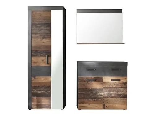 trendteam smart living - Indy Garderoben-Set - Drohnen, modernes Garderoben-Set mit rustikalem Design: Kleiderschrank, Kommode und Wandspiegel in Graphit Grau und Alteiche, ideal für stilvolle Flure.