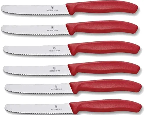 Victorinox Tafelmesser Swiss Classic 6 Stück - Rot - Tafelmesser Set mit extra scharfem Wellenschliff, ideal für die ganze Familie. Ergonomischer Griff und spülmaschinengeeignet, perfekt für Küche und Tisch.