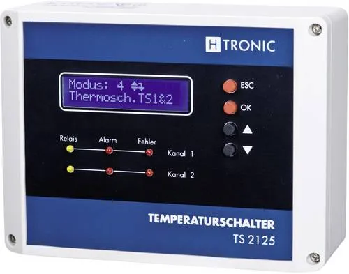 H-Tronic TS 2125 Multifunktions-Temperaturschalter - Multifunktionaler Temperaturschalter für präzise Temperaturüberwachung von -55 bis +125°C, ideal für Heiz- und Kühlanwendungen mit sieben Betriebsarten und sicherer Anwendung.
