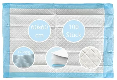 TIGA-MED Krankenunterlagen 60x60cm | 12-lagig | 100 Stück | Trainingspads | Wickelunterlagen für Babys | Einmal Patientenunterlagen | Inkontinenzunterlagen | Welpenunterlagen