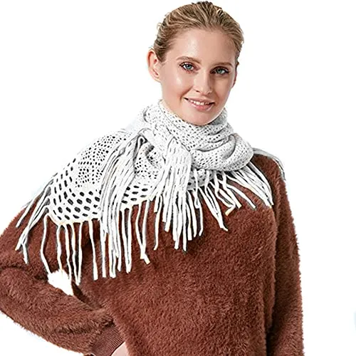 KOEMCY Damen Schal Strick Dreieck Schale Langer Halstuch Imitation Kaschmir Halstücher Herbst Winterschal Halstücher Fransen Schal Stola (Weiß)