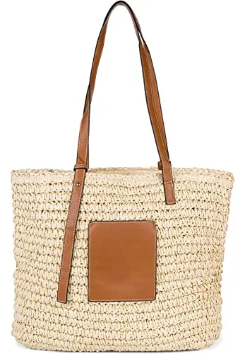 styleBREAKER Damen Korbflecht Schultertasche aus Papierstroh - Damen-Shopper aus Papierstroh mit Kunstleder-Details, ideal für Strand oder Einkauf, großes Hauptfach mit Reißverschluss und praktischen Innenfächern für Handy und mehr.