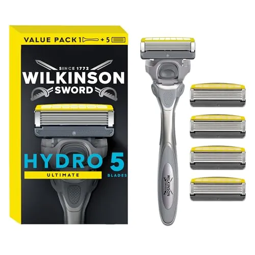 Wilkinson Sword Hydro 5 Ultimate Rasierer für Männer - Herrenrasierer mit 5 Karbon-beschichteten Klingen und feuchtigkeitsspendenden Gel-Pools für eine sanfte und gründliche Rasur. Ergonomisches Design mit Schockabsorptions-Technologie für optimalen Druck auf der Haut.