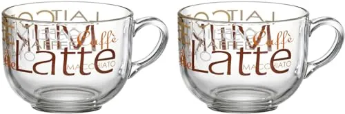 Ritzenhoff & Breker Cafe au Lait Gläser-Set Milano | 2-teilig | 650 ml | Braune Milano-Schriftzüge mit Kaffee- und Milchmotiven für Cafe au Lait, als Geschenk
